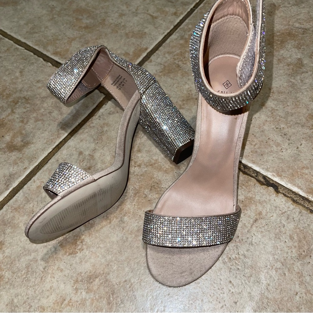 Beige Rhinestone Block Heel Sandals – Women’s Dress Shoes
